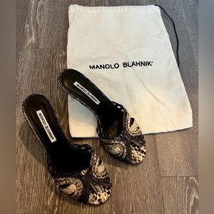 Manolo Blahnik snake skin open toe mules shoes